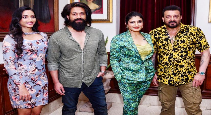 New Delhi: (L-R) Bollywood actors Srinidhi Shetty, Yash, Ravina Tondon, and Sanjay Dutt pose for a photograph during the promotion of their upcoming film 'K.G.F: Chapter 2', in New Delhi on Friday, Apr. 01, 2022. (Photo: Wasim Sarvar/IANS)