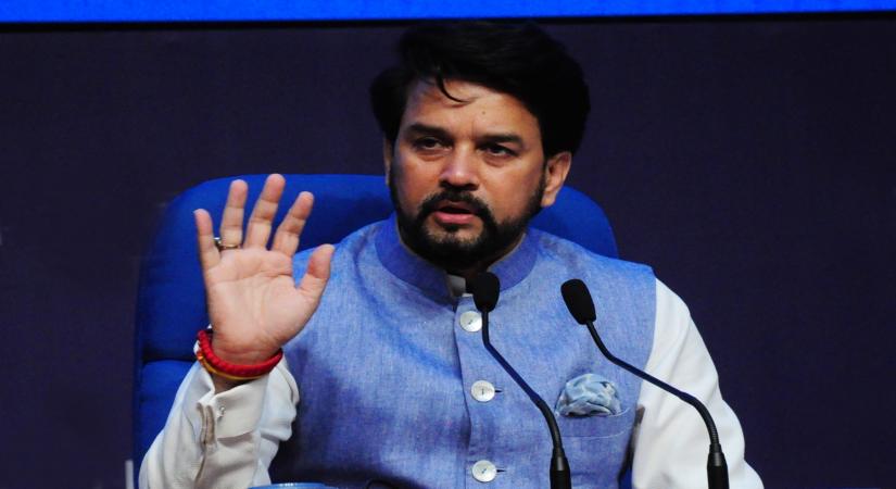 New Delhi: Union minister Anurag Thakur addresses media regarding the Union Cabinet, in New Delhi on Friday, April 08, 2022. (Photo: Qamar Sibtain/IANS)