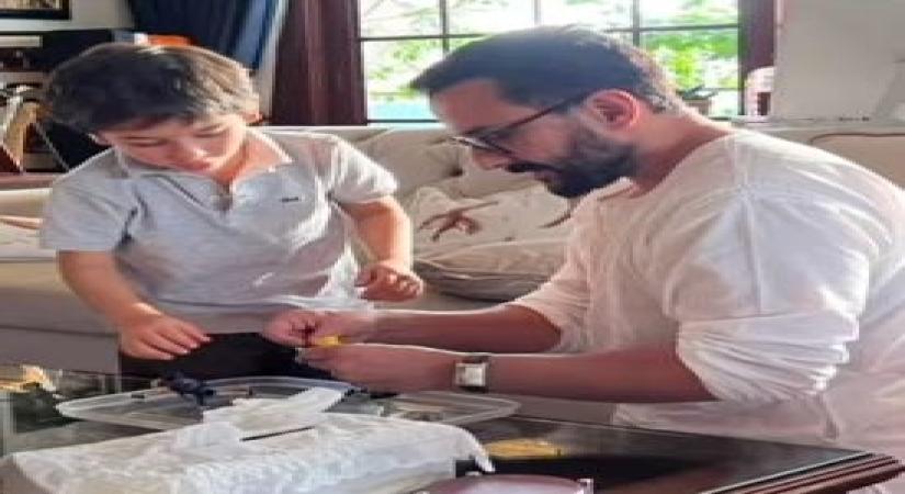 Saif, Taimur build rock band stage with recycled paper.