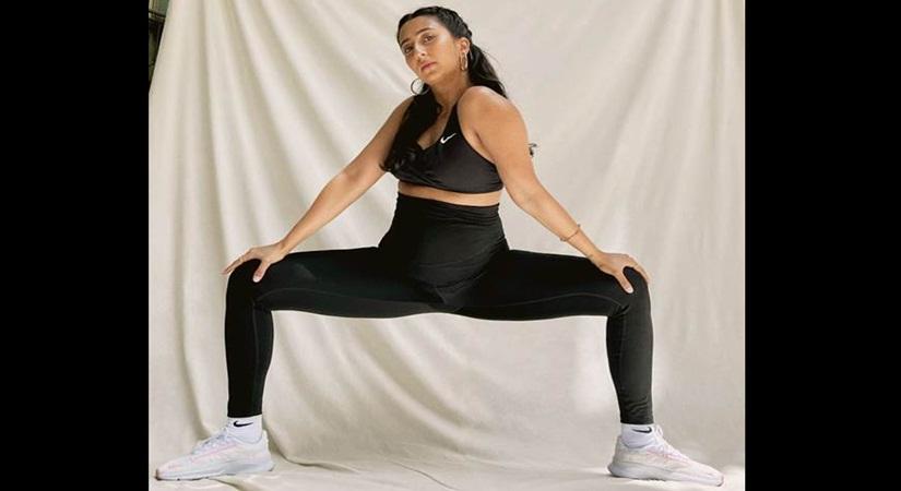 Nike India Catalyst and mother-to-be, Chandini Subbaiah, wearing the Nike Dri-FIT Swoosh (M) Bra and Nike ONE (M) Leggings