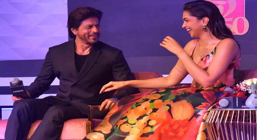 Mumbai : Actors Shah Rukh Khan and Deepika Padukone during the press conference after the release of his movie 'Pathaan', in Mumbai on Monday, Jan 30, 2023. (Photo: Nitin Lawate/IANS)