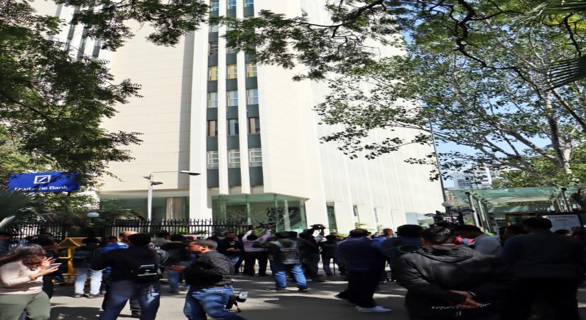 New Delhi: Media persons stand outside the office of BBC during a raid by the Income Tax authorities in New Delhi on Tuesday, Feb. 14, 2023. (Photo: Anupam Gautam/IANS)