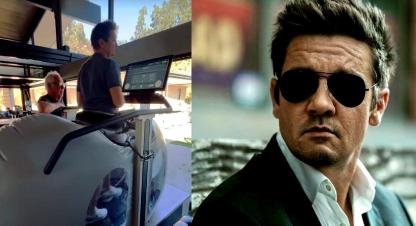 Jeremy Renner walks on anti-gravity treadmill in snow plough recovery video.