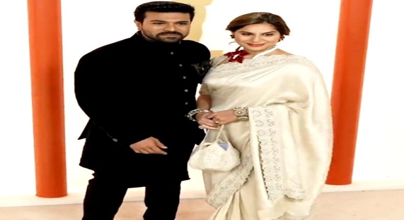 Oscars 2023: Ram Charan, wife Upasana light up the mood with their attires.(photo:twitter)