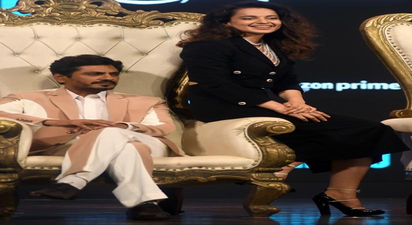 Mumbai: Bollywood actress and producer Kangana Ranaut along with Actor Nawazuddin Siddiqui during the trailer launch of their film 'Tiku weds Sheru', on Wednesday, June 14, 2023. The film is produced by Manikarnika Films, owned by Kangana Ranaut. (Photo: IANS)