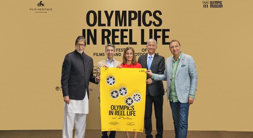 Olympics in reel life (L-R) Amitabh Bachchan, Abhinav Bindra, Aparna Popat and M.M. Somaya at the poster launch. 