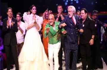 Fashion Design Council of India (FDCI) President Sunil Sethi, fashion designer Manish Arora and actress Huma Qureshi during the 'Rainbow Show' at Grand Finale of Lotus Make-up India Fashion Week, in New Delhi on Oct 13, 2018. (Photo: Amlan Paliwal/IANS)