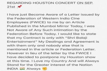 Singer-actor Diljit Dosanjh, who was scheduled to perform in the US on September 21 at a show promoted by Pakistani national Rehan Siddiqi, has been asked by the Federation of Western India Cine Employees (FWICE) to âcancel his commitment in the interest of sentiments and dignity" of India.