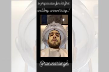 Actress Deepika Padukone shared a glimpse of her actor husband Ranveer Singh's beauty preparations for their first wedding anniversary. Deepika took to her Instagram stories, where she posted a photograph of the "Gully Boy" star getting beauty treatments.