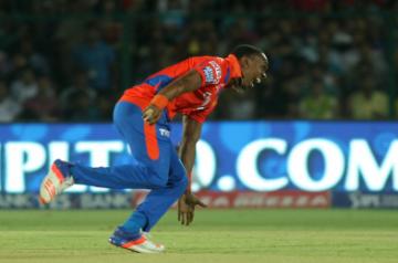 Kanpur: Gujarat Lions bowler Dwayne Bravo celebrates fall of a wicket during an IPL match between Gujarat Lions and Mumbai Indians at Green Park in Kanpur on May 21, 2016. (Photo: Surjeet Yadav/IANS)