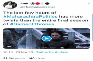 Since Saturday afternoon, the hashtag #GameofThrones started trending on Twitter because netizens are comparing the current political scenario of Maharashtra to the American fantasy drama television series dealing with power play.