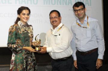 Panaji: Actress Taapsee Pannu being felicitated at the inauguration of Accessible films, during the 50th International Film Festival of India (IFFI-2019) in Panaji, Goa on Nov 23, 2019. (Photo: IANS/PIB)
