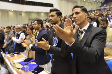 New Delhi: Filmmaker Sanjay Leela Bhansali and actors Keerthy Suresh, Ayushmann Khurrana, Vicky Kaushal and Akshay Kumar during 66th National Film Awards in New Delhi on Dec 23, 2019. (Photo: IANS)