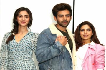 Actors Ananya Panday, Kartik Aaryan and Bhumi Pednekar during the promotion of their upcoming film "Pati Patni Aur Woh"