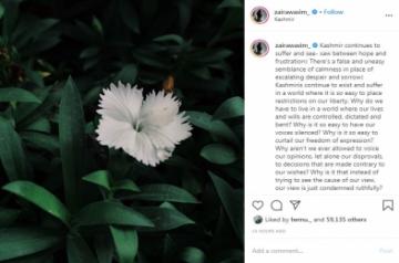 "Dangal" famed Zaira Wasim has penned an emotional note on social media talking about the plight of Kashmir and Kashmiris. She says "Kashmir continues to suffer". Zaira on Monday night took to Instagram, where she shared a photograph of a flower and wrote a long emotional post.