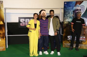 Actors Taapsee Pannu, Diljit Dosanjh and Angad Bedi. (Photo: IANS)