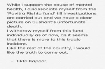 Ekta Kapoor dissociates herself from Pavitra Rishta Fund for mental health