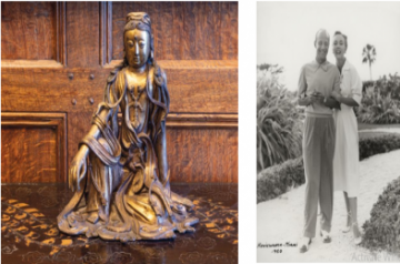 (L-R) A very rare gilt-bronze figure of white-robed guanyin, china, ming dynasty, 15th century, $400,000-600,000. James and Marilynn Alsdorf pictured in Miami in 1950 - courtesy of the consignor.