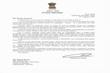 Pandit Jasraj's daughter thanks PM Modi for 'thoughtful letter of condolence'.