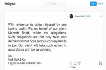 Mahesh Bhatt to take legal action against Luviena Lodh over video alleging harrassment.