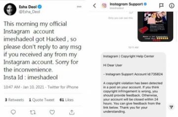 Esha Deol's Instagram account hacked