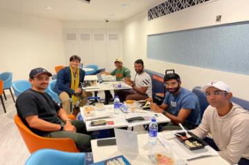 Actor Vivek Oberoi recently caught up with cricketers Cheteshwar Pujara and Jasprit Bumrah at the Dubai airport, and shared a snapshot of the meeting with his fans.