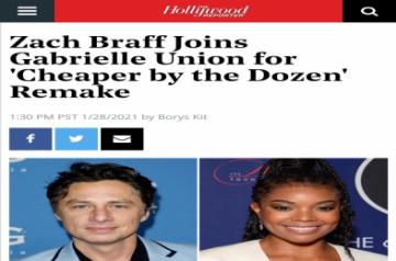 Actor Zach Braff will star in the upcoming remake of the Hollywood comedy hit, Cheaper By The Dozen.