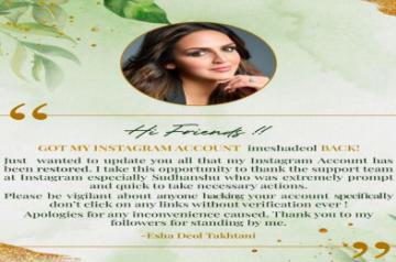Esha Deol's Instagram account restored
