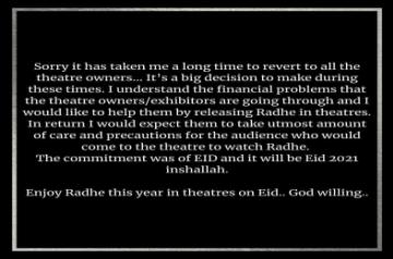 Salman Khan confirms 'Radhe' for theatrical release on Eid. (photo:instagram)