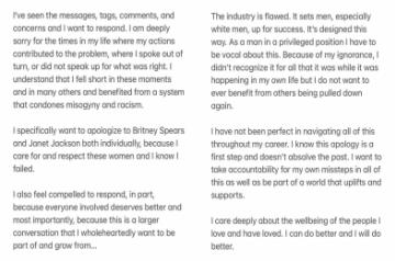 Justin Timberlake says sorry to Britney Spears, Janet Jackson (Credit: Instagram)