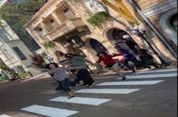 Filmmaker Farah Khan Kunder on Tuesday uploaded a boomerang video of herself with her team, trying to recreate the famous album cover of the iconic band Beatles's Abbey Road
