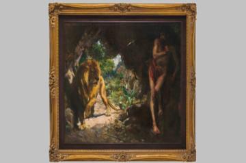 XU BEIHONG (1895-1953) Slave and Lion, signed and dated in Chinese (lower left) oil on canvas 123.3 x 152.8 cm. (48 1/2 x 60 1/4 in.)  Painted in 1924. Estimate: HK$350,000,000 – 450,000,000  US$45,000,000 – 58,000,000