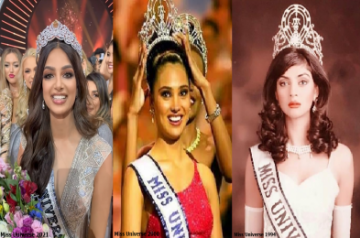 (L-R) Harnaaz Sandhu - Miss Universe 2021, Lara Dutta - Miss Universe 2000 and Sushmita Sen - Miss Universe 1994 