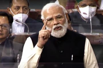 New Delhi: Prime Minister Narendra Modi speaks in Lok Sabha during the ongoing Budget Session of Parliament in New Delhi on Monday, February 07, 2022. (Photo: Lok Sabha/IANS)