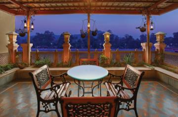 An aesthetic setup overlooking the picturesque view of the Haveli Hari Ganga, Haridwar.
