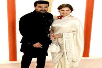 Oscars 2023: Ram Charan, wife Upasana light up the mood with their attires.(photo:twitter)
