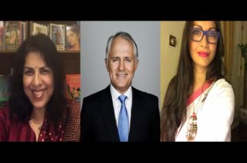 (L-R) Chitra Banerjee Divakaruni, Malcolm Turnbull, and Maria Goretti